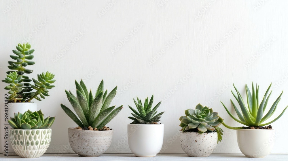 Fototapeta premium Succulent plants in front of white wall, home design. Front view with copy space