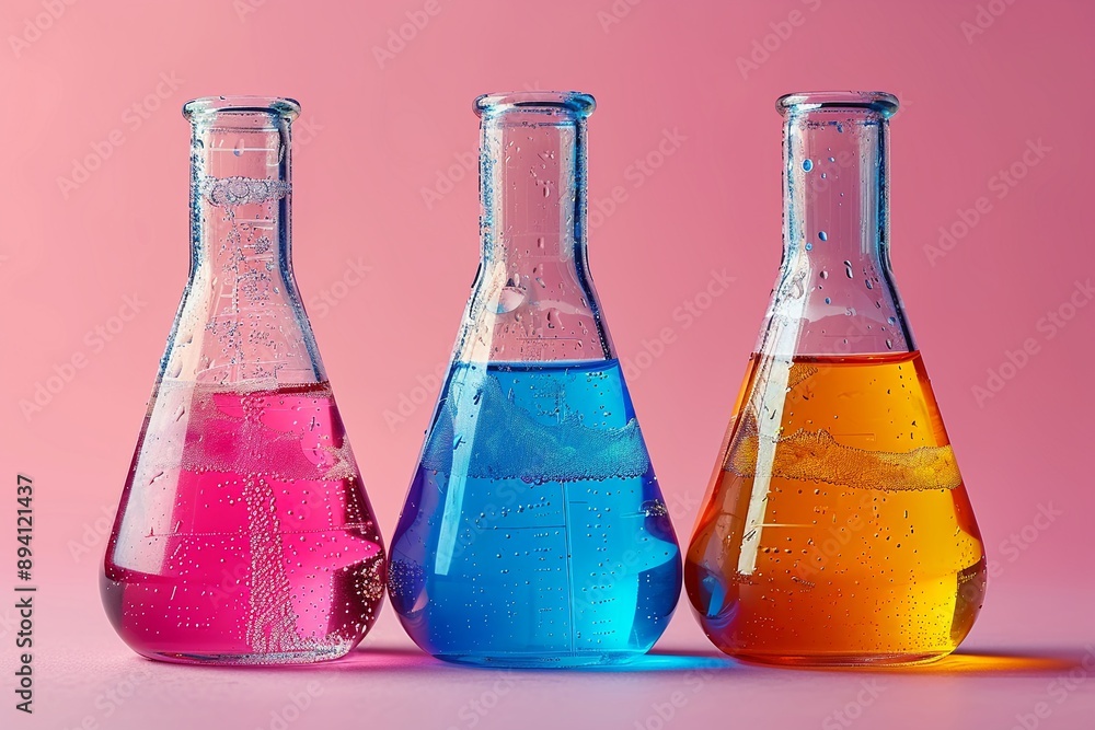 Chemical flasks with colored liquids minimal clean background bright studio lighting emphasizing the transparency and colors Chemical flasks with colored liquids minimal clean background bright studio lighting emphasizing the transparency and colors