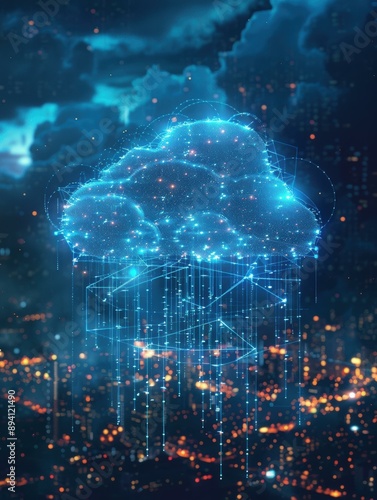 A digital cloud with data streams over a city skyline at night. AI.