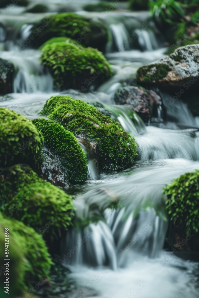 A mossy stream flows over smooth rocks. AI. A mossy stream flows over smooth rocks. AI.