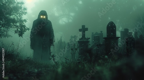 A ghostly zombie with glowing eyes creeping through an abandoned cemetery