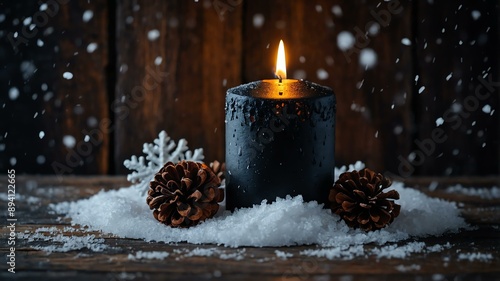 black candle and christmas decoration with wooden back background