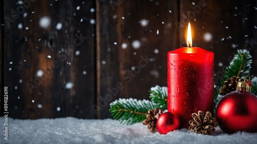 red candle and christmas decoration with wooden backgr background