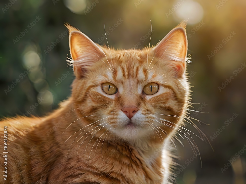 Fototapeta premium orange cat with blur background, orange cat is sitting and looking