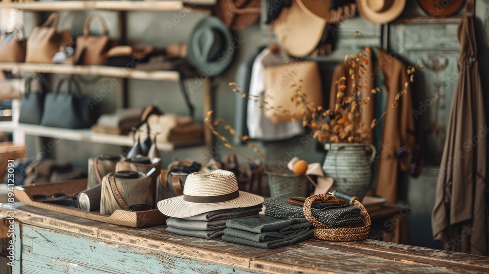 Rustic Boutique Display with Woven Baskets and Hats Rustic Boutique Display with Woven Baskets and Hats