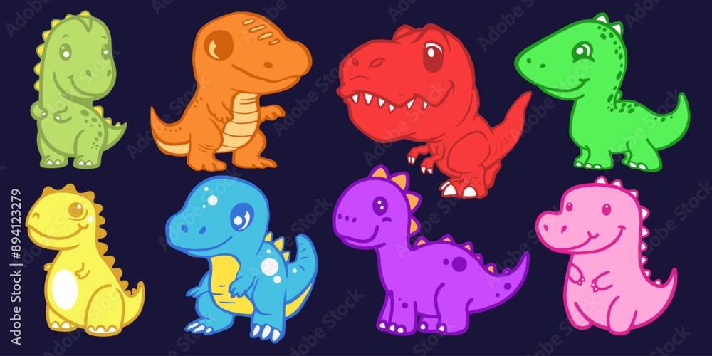Naklejka premium Colorful Cartoon Dinosaurs A Vibrant Collection of Adorable Prehistoric Creatures