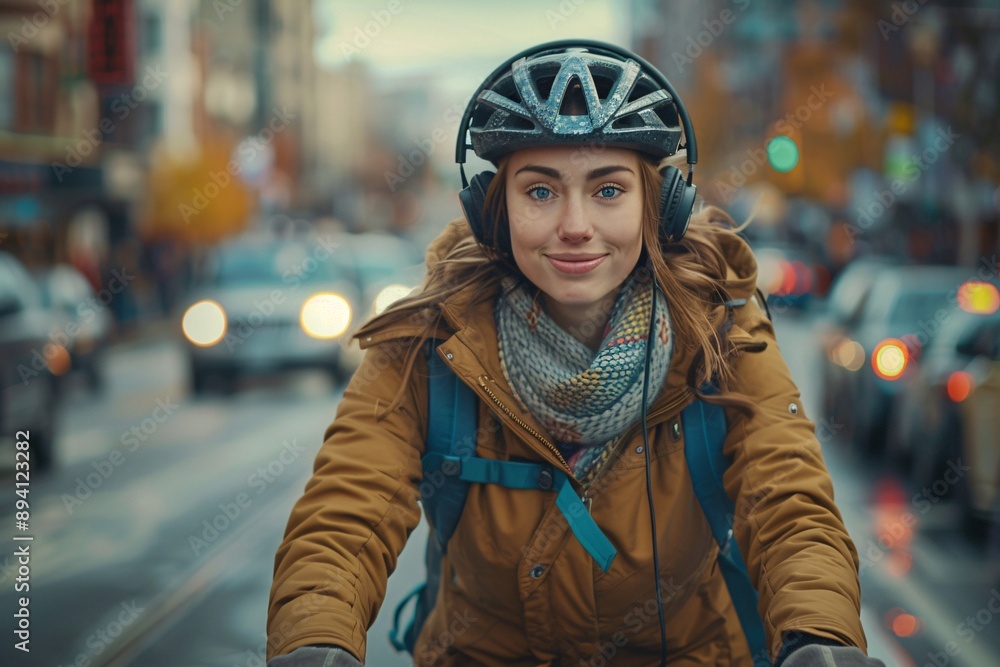 Happy Woman Riding Bicycle in City Happy Woman Riding Bicycle in City