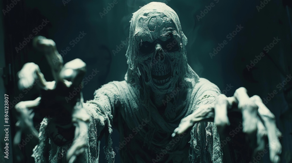A ghastly zombie ghost with skeletal hands reaching out from the shadows A ghastly zombie ghost with skeletal hands reaching out from the shadows