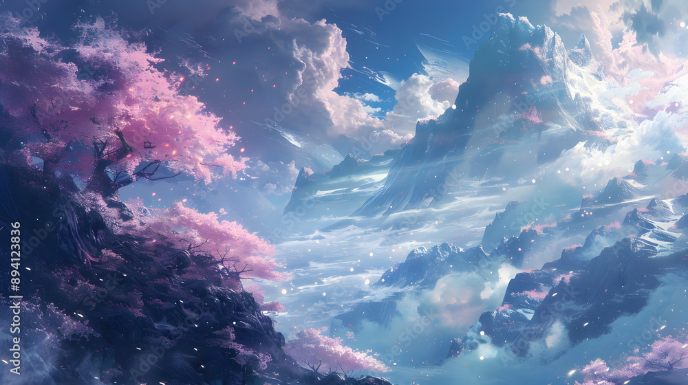 Fantasy Mountain Landscape with Cherry Blossoms Fantasy Mountain Landscape with Cherry Blossoms