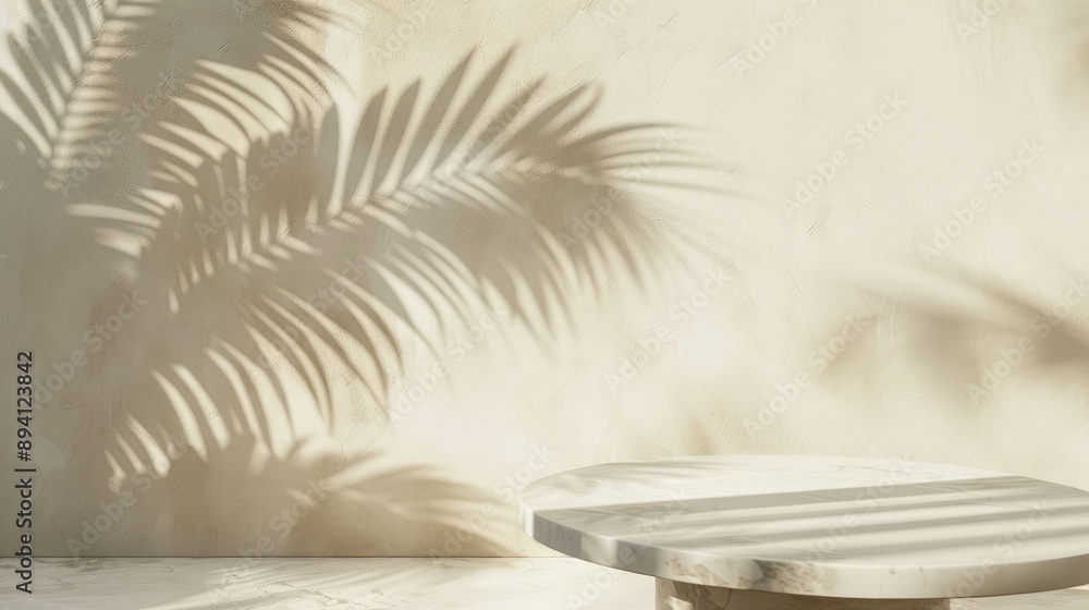 Palm tree shadow on cream wall and marble table for product placement. Natural design background. Summer light cosmetic stand mockup. Palm tree shadow on cream wall and marble table for product placement. Natural design background. Summer light cosmetic stand mockup.