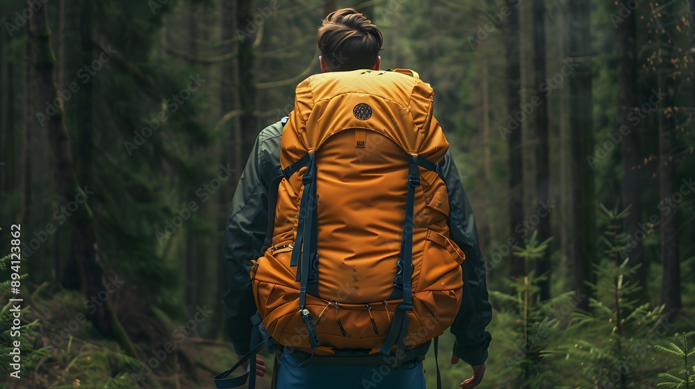 Large hiking and trekking backpacks The background image is a mountain forest. wide-angle lens realistic lighting. Large hiking and trekking backpacks The background image is a mountain forest. wide-angle lens realistic lighting.