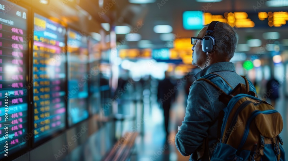 Man Waiting for Flight: A man wearing headphones and a backpack looks at a flight information screen in a busy airport terminal. The man is looking for his flight, ready for his next adventure. Man Waiting for Flight: A man wearing headphones and a backpack looks at a flight information screen in a busy airport terminal. The man is looking for his flight, ready for his next adventure.