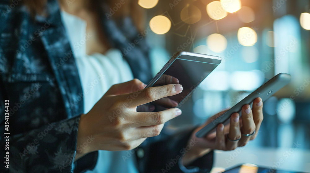 businesswoman's hand using a mobile smartphone, highlighting modern communication and technology's role in professional life and productivity businesswoman's hand using a mobile smartphone, highlighting modern communication and technology's role in professional life and productivity