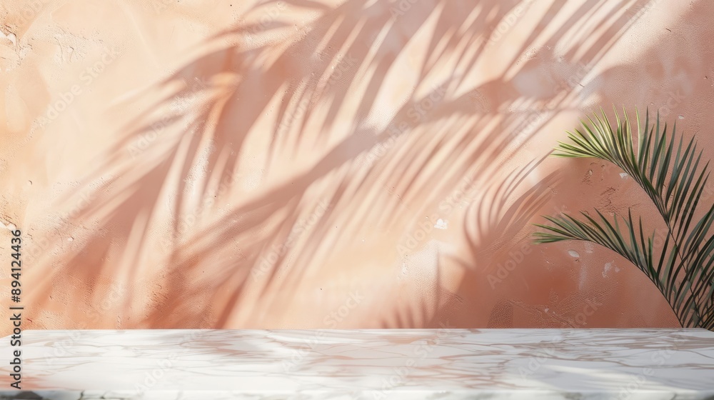 Palm shadow on peach wall with marble table for product display. Summer light mockup background. Palm shadow on peach wall with marble table for product display. Summer light mockup background.