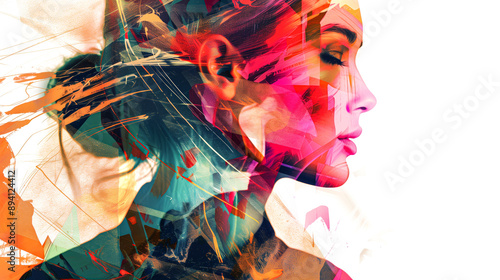 Passionate businesswoman with colorful abstract art double exposure effect dynamic and expressive look