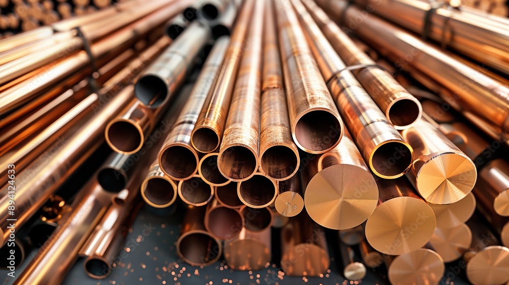 Naklejka premium Copper Pipes in Warehouse. Various sizes of copper pipes stacked and stored in a warehouse, illustrating the variety and organization of industrial materials.
