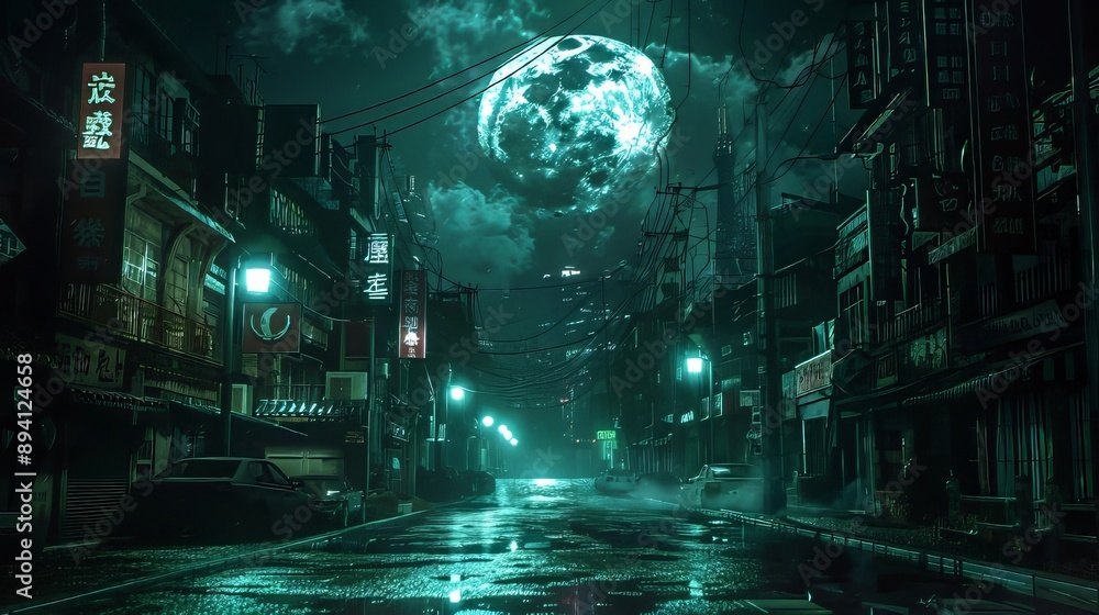 Obraz premium A wet dark city street illuminated by neon signs and a glowing moon