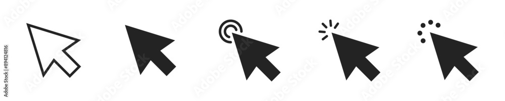 Mouse click cursor icon set. Set of 5 outline icons related to mouse click cursor. Click cursor outline icons collection. Editable stroke. Vector illustration. Mouse click cursor icon set. Set of 5 outline icons related to mouse click cursor. Click cursor outline icons collection. Editable stroke. Vector illustration.