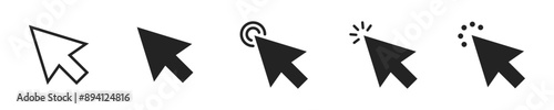 Mouse click cursor icon set. Set of 5 outline icons related to mouse click cursor. Click cursor outline icons collection. Editable stroke. Vector illustration.