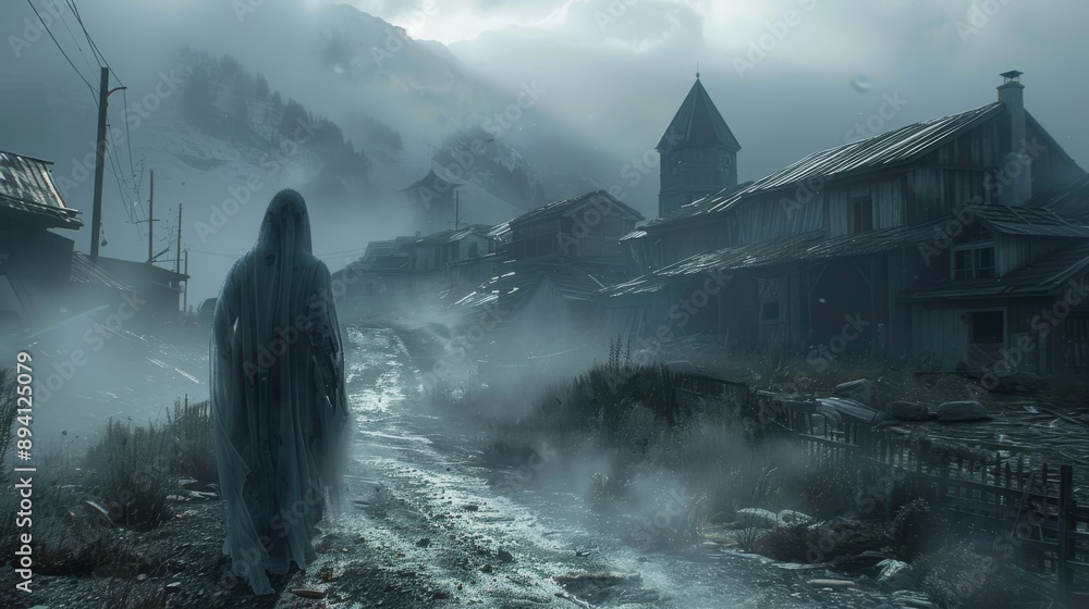 Fototapeta premium A haunting zombie ghost with translucent skin drifting through a desolate village