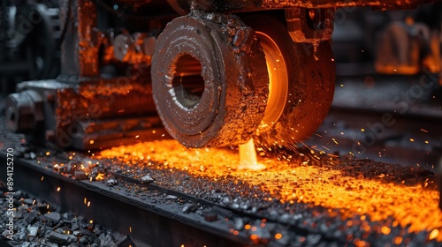 Hot Steel Rolling Process. Close-up of the hot steel rolling process, with sparks flying as molten steel is shaped in a factory. © Old Man Stocker