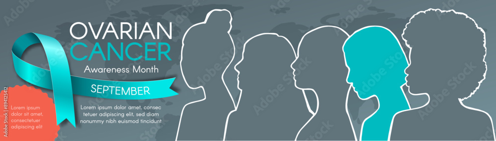 Long horizontal Banner for Ovarian Cancer Awareness Month in September. Diverse women`s silhouettes, text, and a teal ribbon. Modern flat illustration Long horizontal Banner for Ovarian Cancer Awareness Month in September. Diverse women`s silhouettes, text, and a teal ribbon. Modern flat illustration