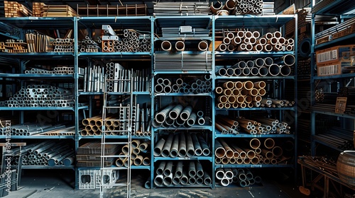 Variety of Metal Pipes in Warehouse. Diverse selection of metal pipes stored in a warehouse, illustrating the extensive inventory available for industrial applications. photo