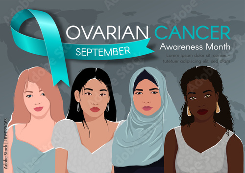 Horizontal Banner for Ovarian Cancer Awareness. Diverse women`s silhouettes, text, and a teal ribbon. Modern flat illustration