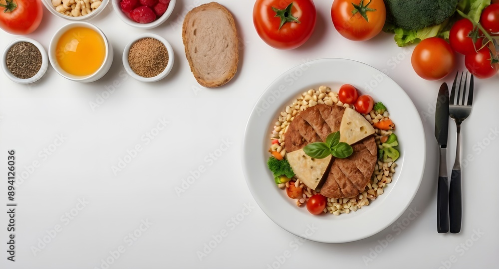 Top view Balanced diet food on white background with copy space Top view Balanced diet food on white background with copy space
