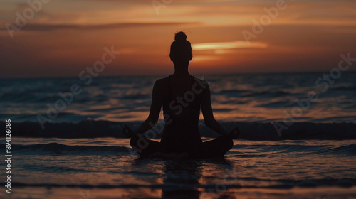 dark silhouette of a skinny female outline practicing yoga at sunset, embodying tranquility, strength, and balance against a vibrant sky, highlighting the union of mind and body © Your Hand Please