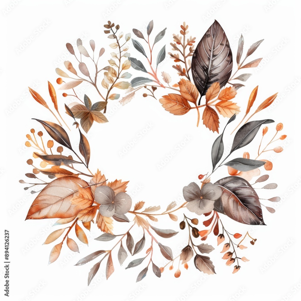 Obraz premium Autumn watercolor wreath in a round frame of autumn leaves, foliage and plants with an empty space in the middle for text in dark brown tones on a white background with a muted, soft pastel palette.