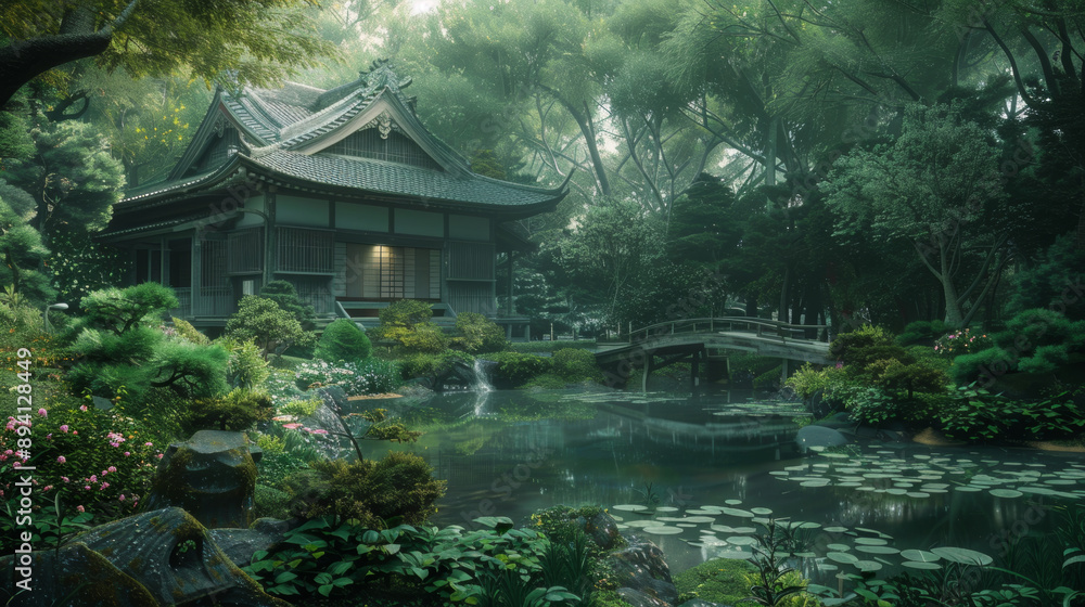 Photos of Traditional Chinese-Style House in Green Forest with Tiled Roofs, Gray Walls, Lush Greenery, Ponds, Wooden Bridges, and Stone Paths, High-Definition Wide-Angle Lens Captures Tranquility and Photos of Traditional Chinese-Style House in Green Forest with Tiled Roofs, Gray Walls, Lush Greenery, Ponds, Wooden Bridges, and Stone Paths, High-Definition Wide-Angle Lens Captures Tranquility and