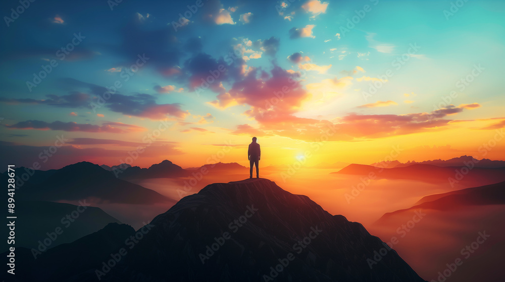 A silhouette of an individual standing on the top, overlooking vast landscapes at sunset A silhouette of an individual standing on the top, overlooking vast landscapes at sunset