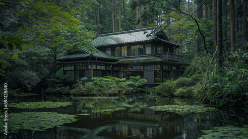 Photos of Traditional Chinese-Style House in Green Forest with Tiled Roofs, Gray Walls, Lush Greenery, Ponds, Wooden Bridges, and Stone Paths, High-Definition Wide-Angle Lens Captures Tranquility and 