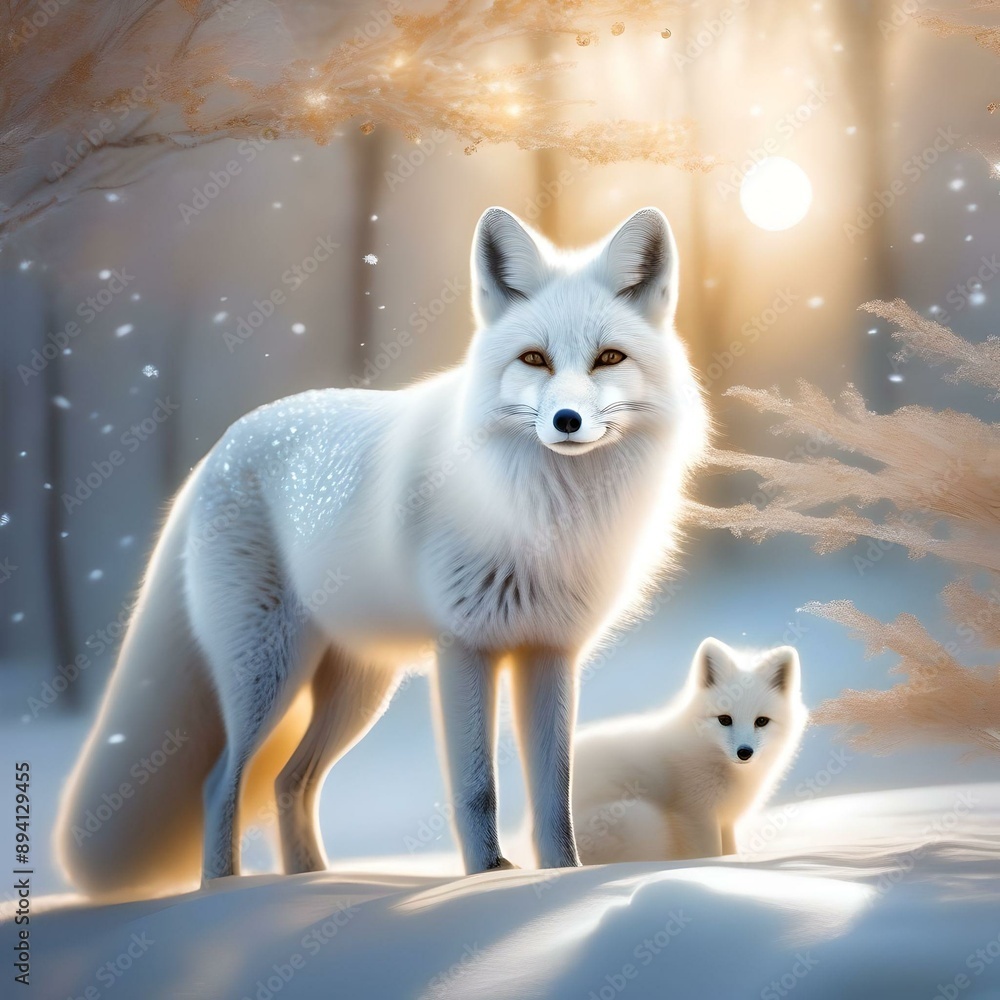 white fox in the snow with his cub white fox in the snow with his cub