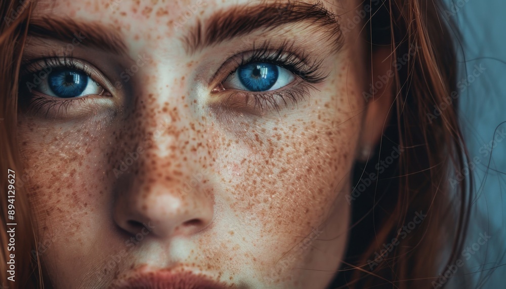 Close Up Portrait of Young Woman With Blue Eyes and Freckles Close Up Portrait of Young Woman With Blue Eyes and Freckles