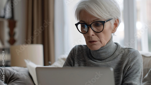 Senior woman with short gray hair and glasses working on a laptop at home, cozy and focused atmosphere