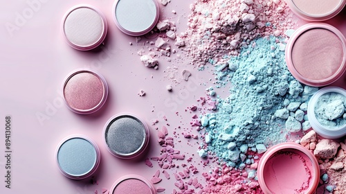 Cosmetic themed background with soft pastel makeup powders and ample copy space, more clarity with clear light and sharp focus, high detailed