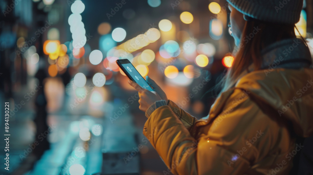 City Streets, Connected Life: Businesswoman Uses Taxi App (Night) City Streets, Connected Life: Businesswoman Uses Taxi App (Night)