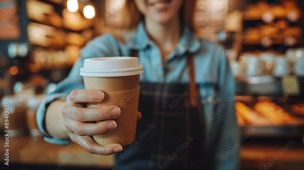Barista handing a take-out coffee cup to a customer, warm and inviting cafe setting, focus on the coffee exchange Barista handing a take-out coffee cup to a customer, warm and inviting cafe setting, focus on the coffee exchange