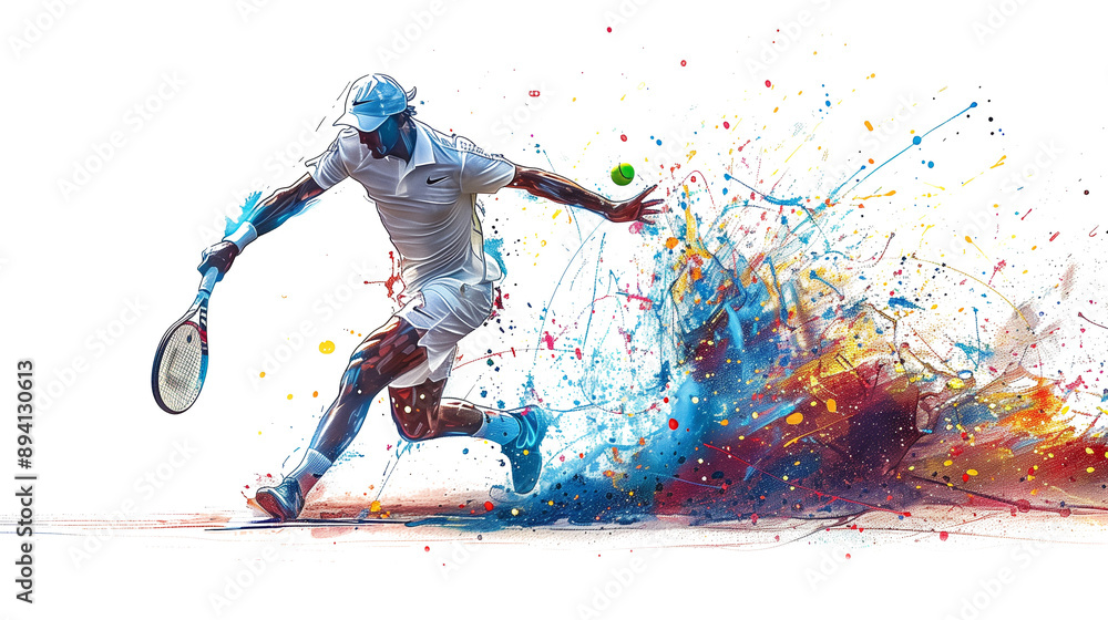 Naklejka premium Watercolor tennis player in splash art style isolated on transparent background