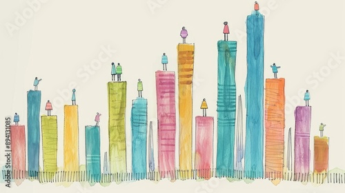 Vibrant Watercolor Cityscape with Tiny Figures on Skyscrapers #894131085