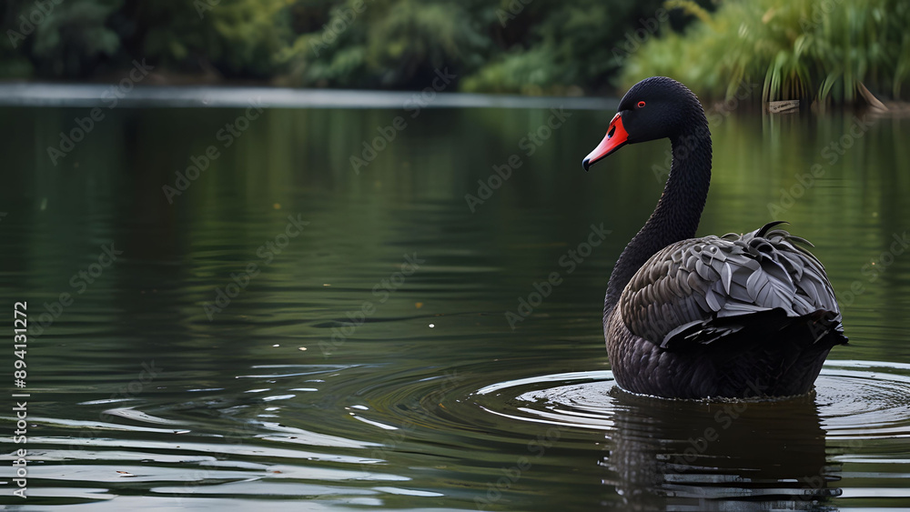 Watercolour black swan in middle lake Watercolour black swan in middle lake