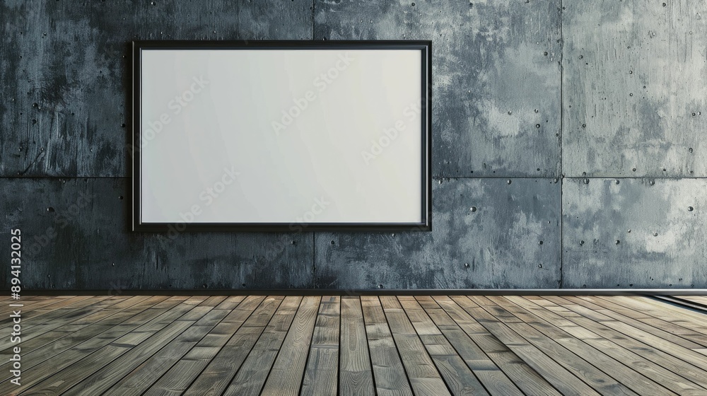Empty frame on a textured concrete wall with a wooden floor Empty frame on a textured concrete wall with a wooden floor