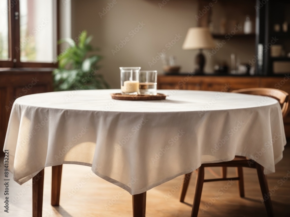 Empty white table cloth on wooden desk Empty white table cloth on wooden desk