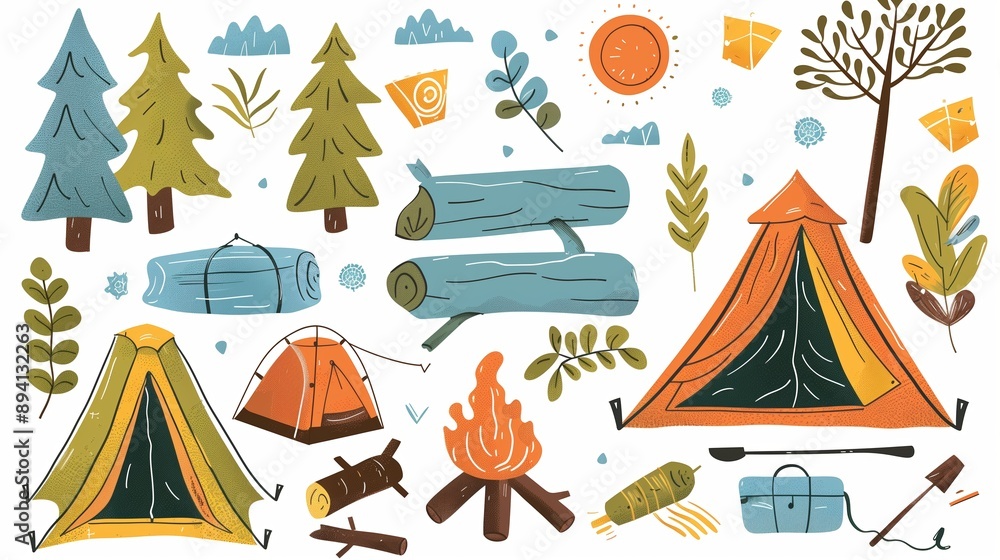 Discover vibrant summer clipart of camping elements like tents and campfires for your outdoor projects!
