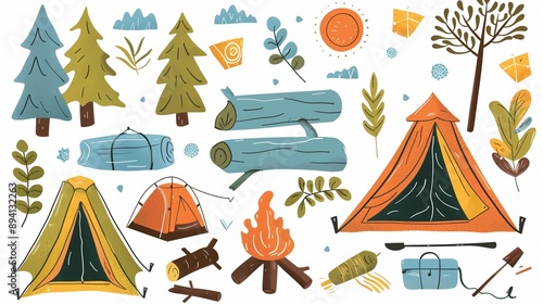 Obraz na płótnie Discover vibrant summer clipart of camping elements like tents and campfires for your outdoor projects! w salonie
