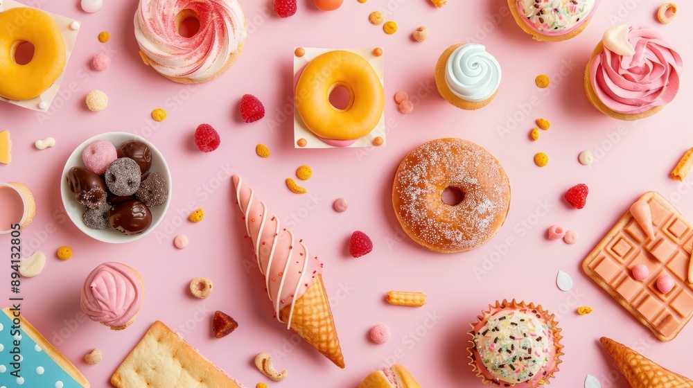 Fast food items placed in a geometric arrangement on a pastel background Fast food items placed in a geometric arrangement on a pastel background