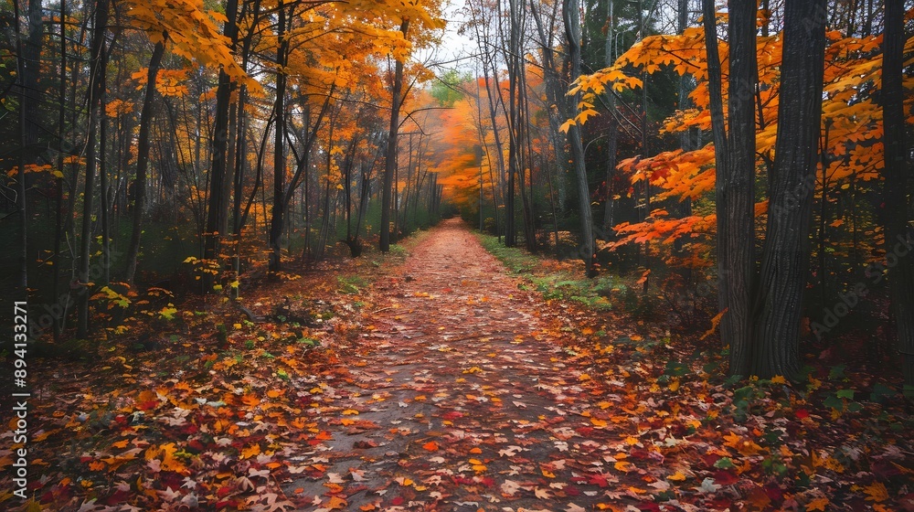 Obraz premium Fall forest hike colorful leaves tranquil nature. Wall hanging branches seamless pattern leaves fall with bright color flowers illustration background.