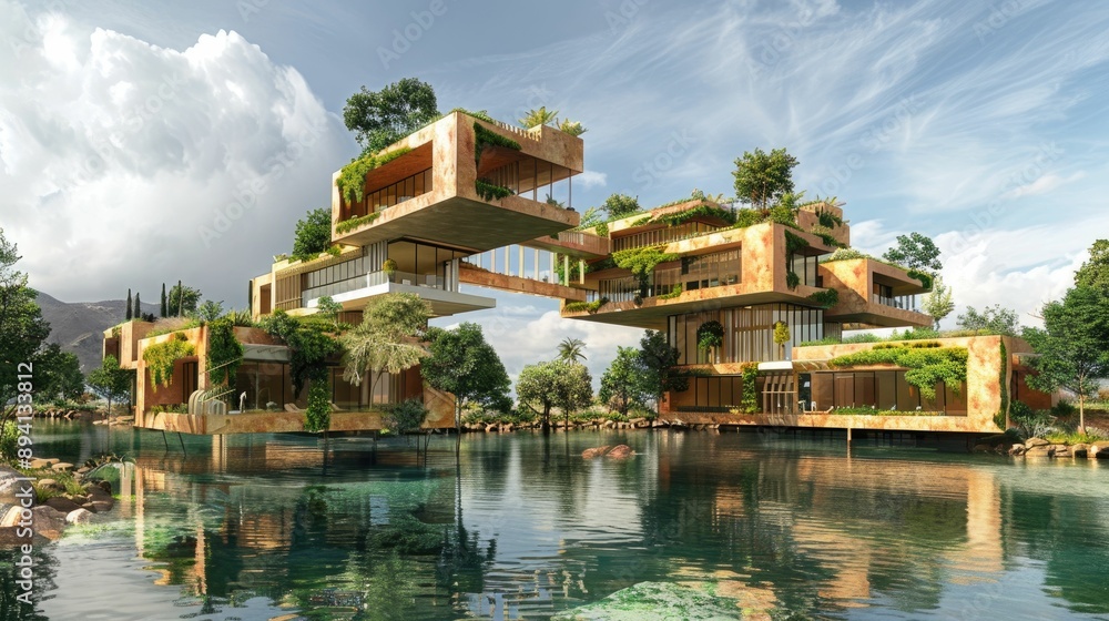 Obraz premium Floating architectural concept with interconnected buildings and sky bridges